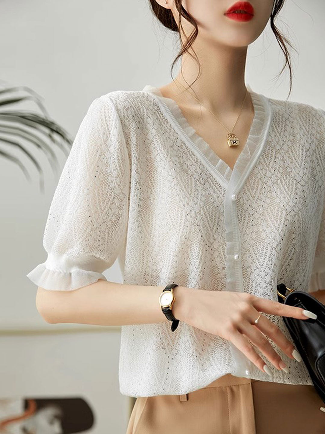 Kayla Elegant V-neck Auricular Knitted Sweater-Purple