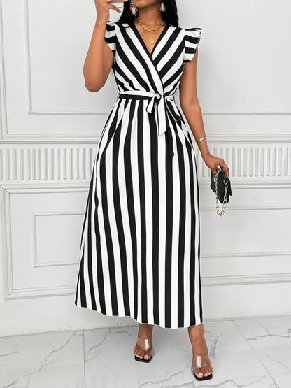 Stripes V-neck Belts Maxi Dresses