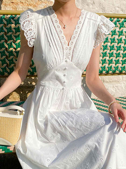 Olivia Vintage V-neck Embroidered A-line Dress