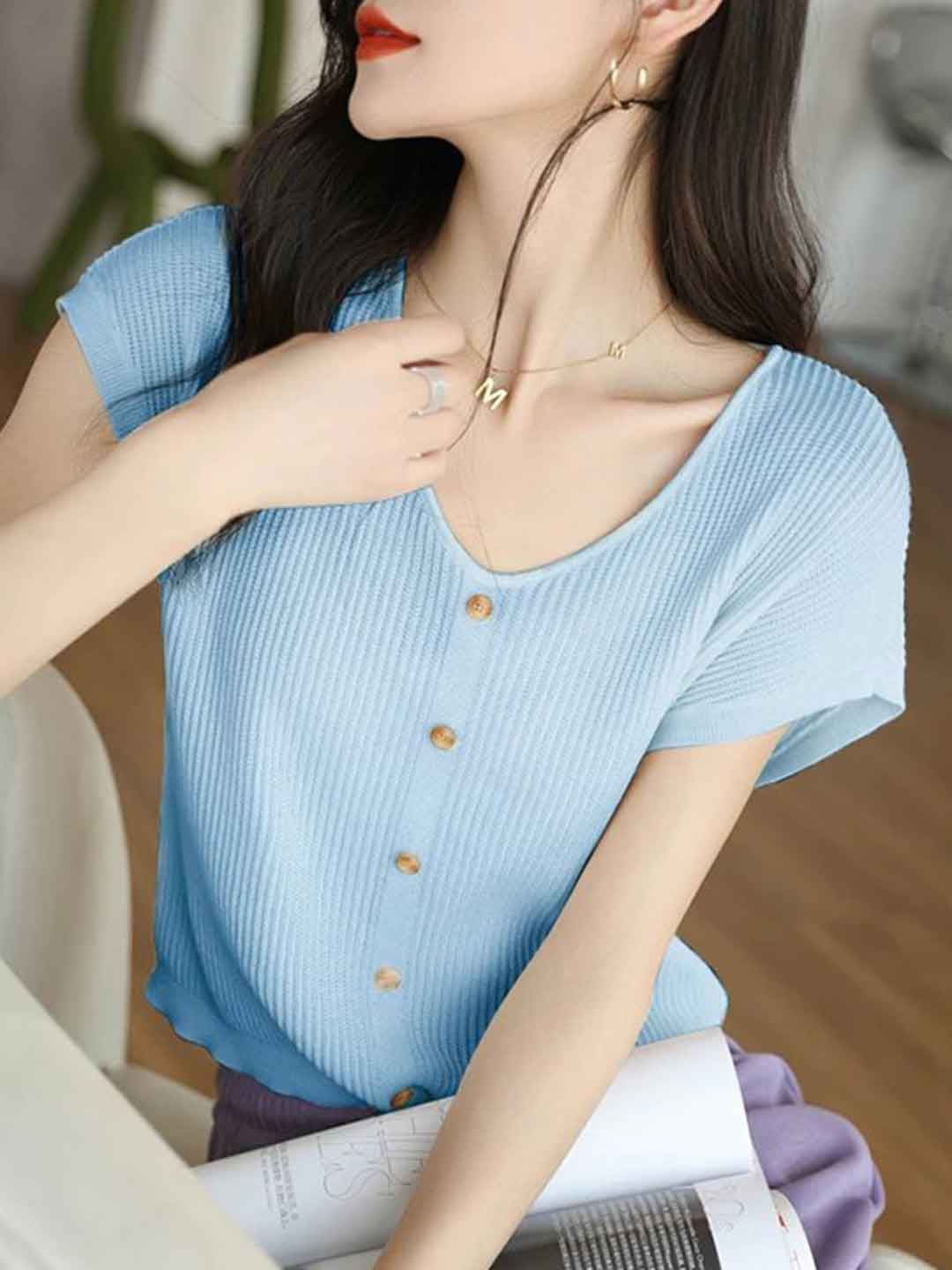 Kaylee Loose V-Neck Buttons Knitted Top