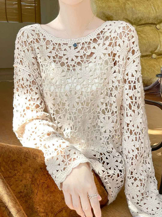 Olivia Vintage Crew Neck Embroidered Hollowed Top