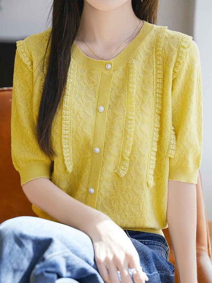 Paige Classic Crew Neck Solid Color Lace Knitted Top