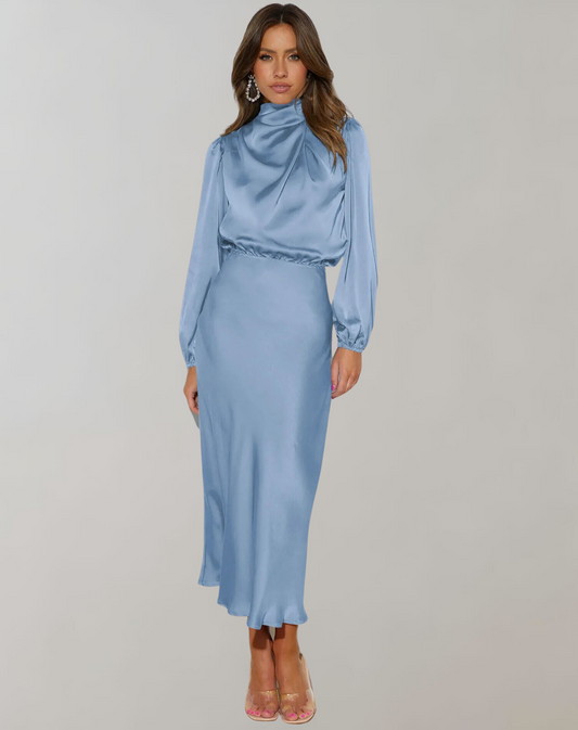 Elegante vestido de satén con cuello alto y manga larga para mujer | Ideal para primavera/verano