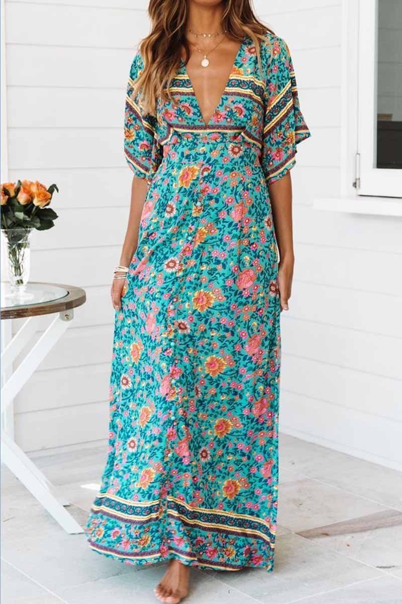 Floral Printed Blue Ankle Length Dress