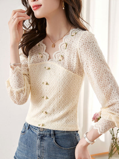 Mia Retro V-Neck Hollowed Balloon Sleeve Lace Blouse