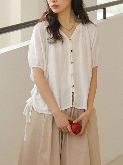 Paige Loose V-Neck Puff Sleeve Colorful Buttons Top