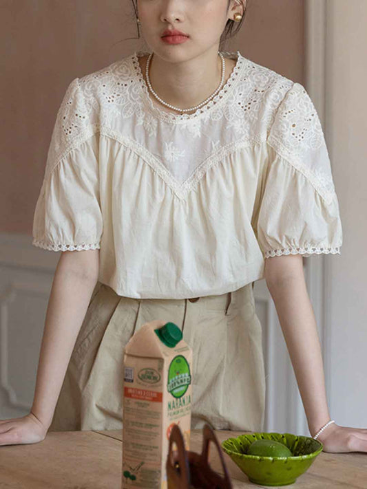 Khloe Vintage Crew Neck Embroidered Solid Color Top