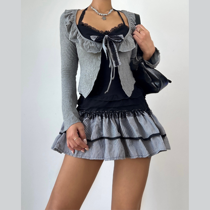 Long sleeve bowknot ruffle 3 piece mini skirt set  | Festival Outfits Women