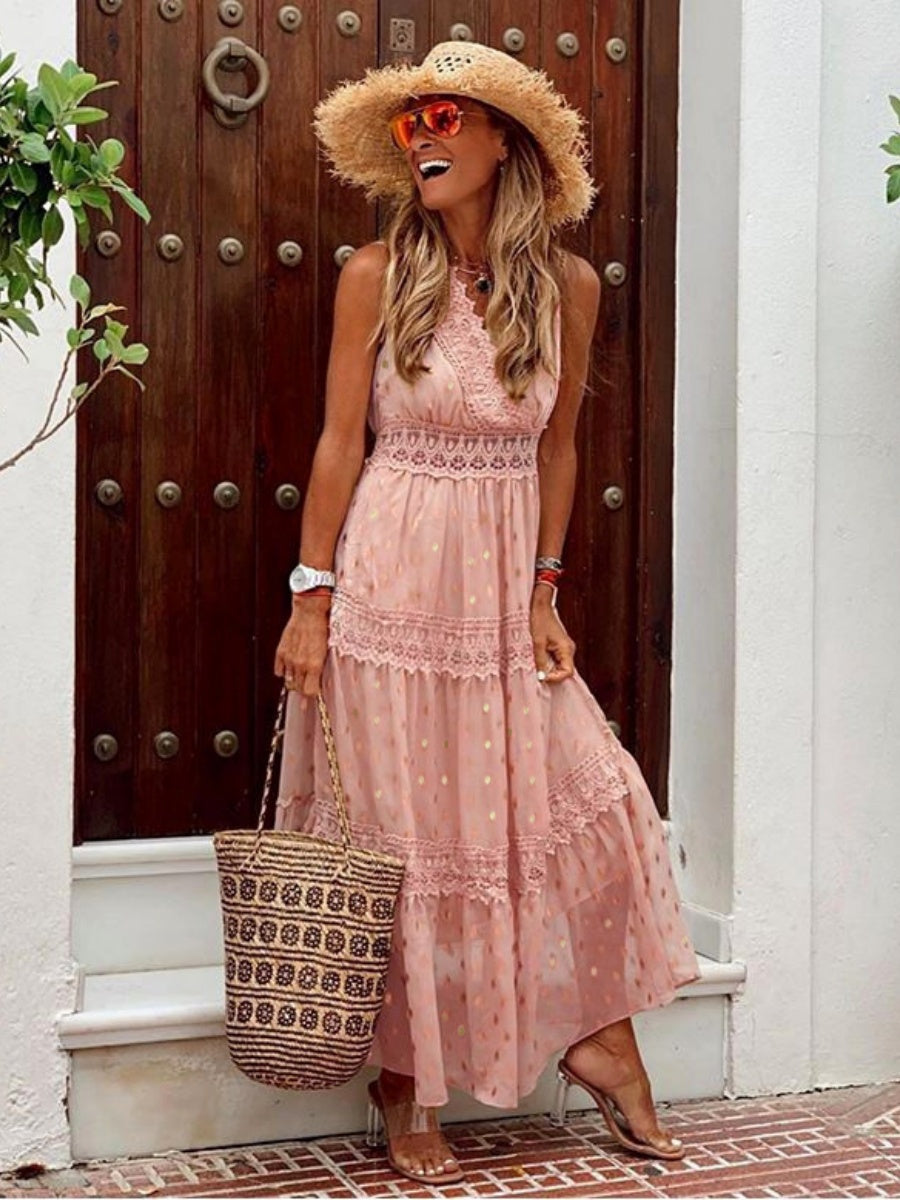 Deep V Sleeveless Lace-trimmed Chiffon Long Dress