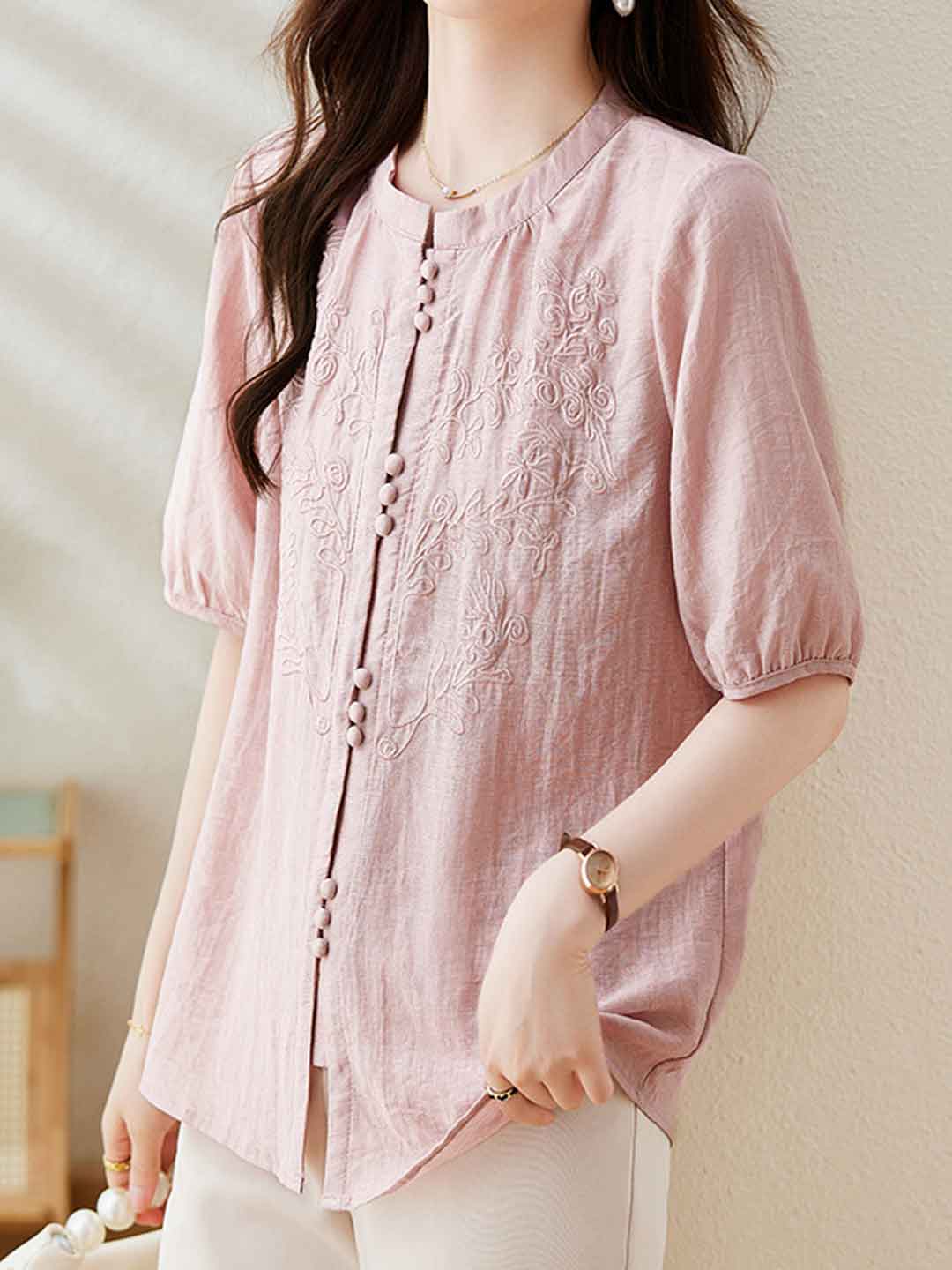 Maria Loose Crew Neck Solid Color Embroidered Top