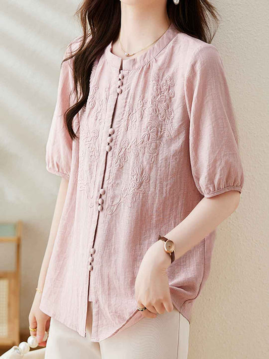 Maria Loose Crew Neck Solid Color Embroidered Top