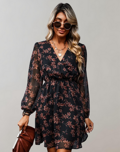 Elegante vestido midi de mujer con escote en V y estampado floral | Ideal para primavera/verano
