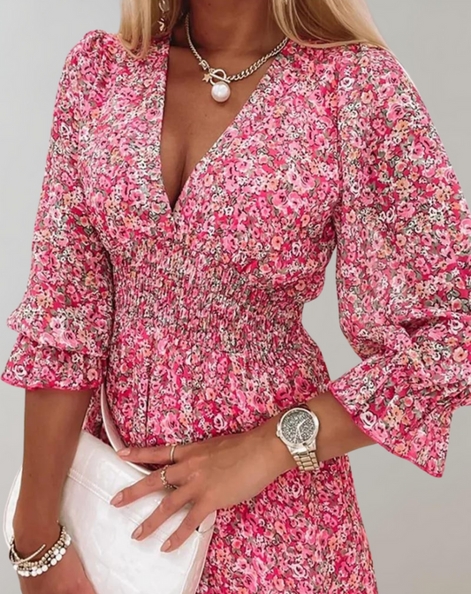 Vestido de verano clásico estampado con escote en V y manga corta para mujer | Ideal para primavera/verano
