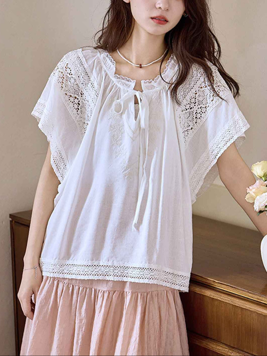 Jessica Chic Lace Embroidered Hollowed Tie Shirt