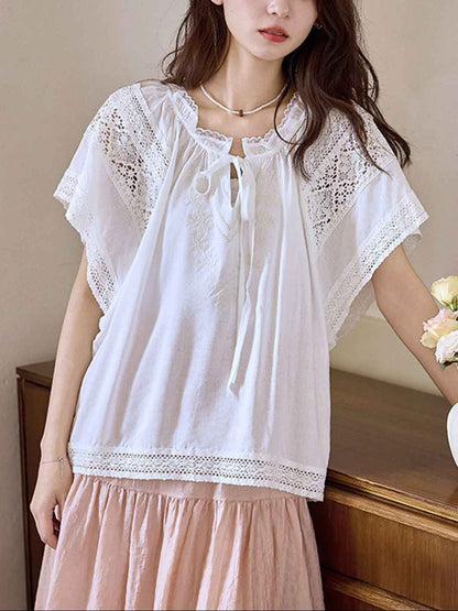 Jessica Chic Lace Embroidered Hollowed Tie Shirt