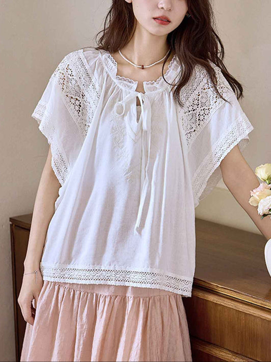 Jessica Chic Lace Embroidered Hollowed Tie Shirt