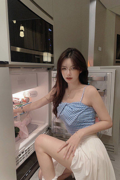 Sexy Bow Spaghetti Strap Plaid Crop Tops