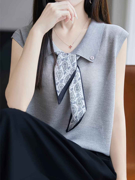 Katelyn Classic Lapel Scarf Sleeveless Knitted Top