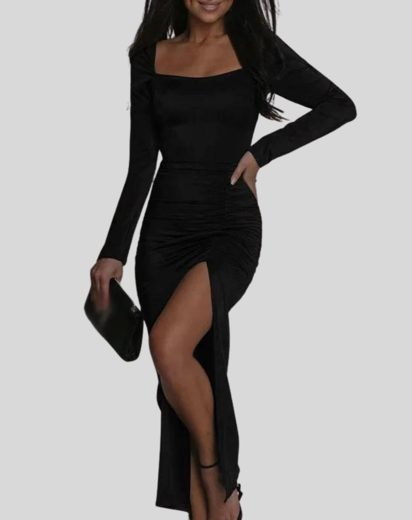 Vestido elegante de terciopelo con escote cuadrado y abertura para mujer | Ideal para primavera