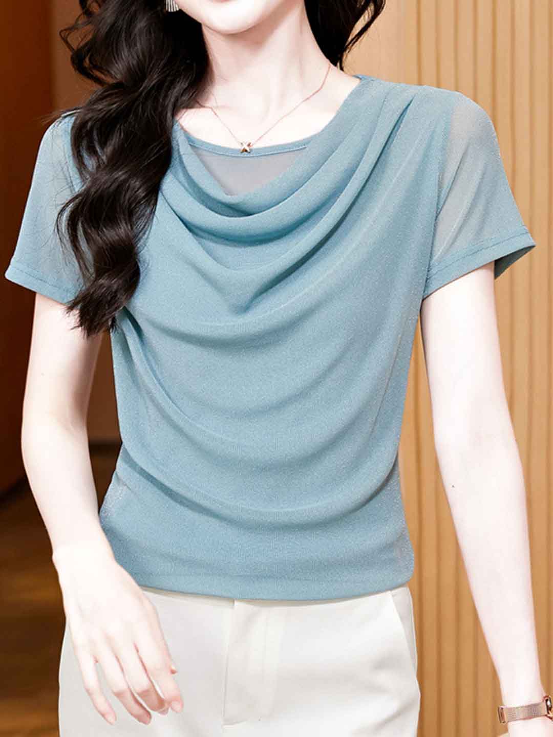 Jocelyn Classic Swing Collar Solid Color Mesh Top