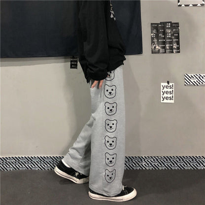 High Waist Bear Side Printed Loose Pants