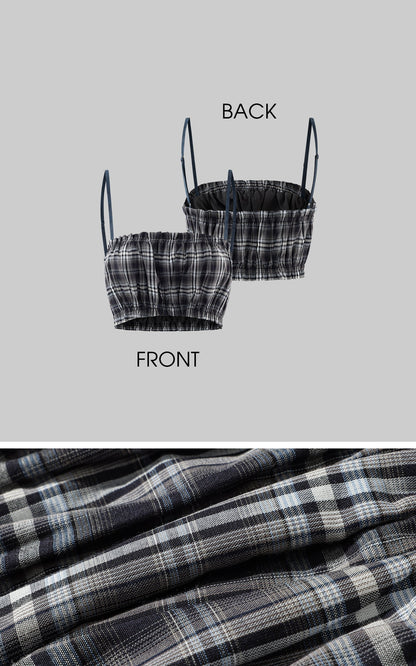 Plaid Strapless Crop Top with Ruched Elastic Detail