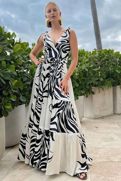 Traje de baño elegante monocromático de rayas con escote en V profundo