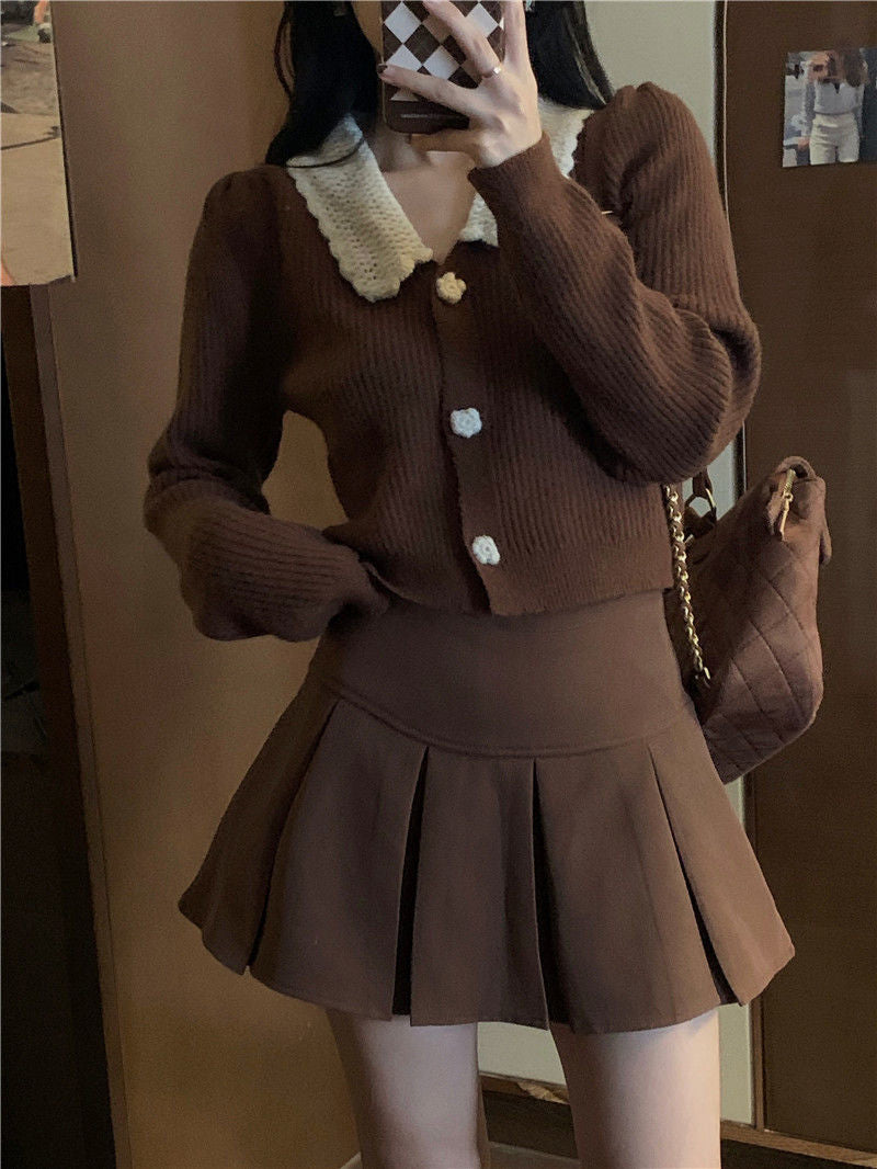 High Waist Brown Pleated Skirt