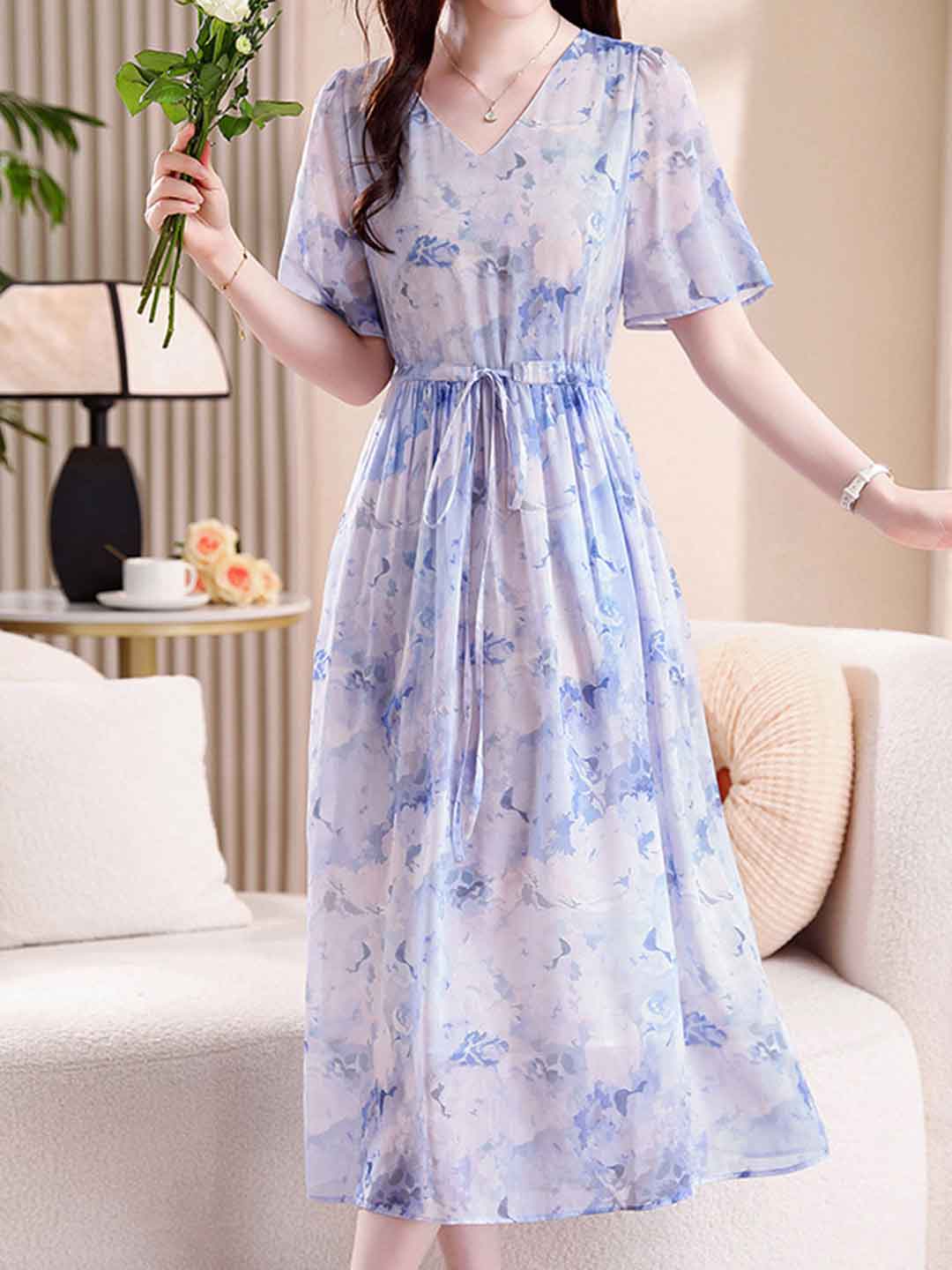 Payton Classic V-Neck Printed Chiffon Dress