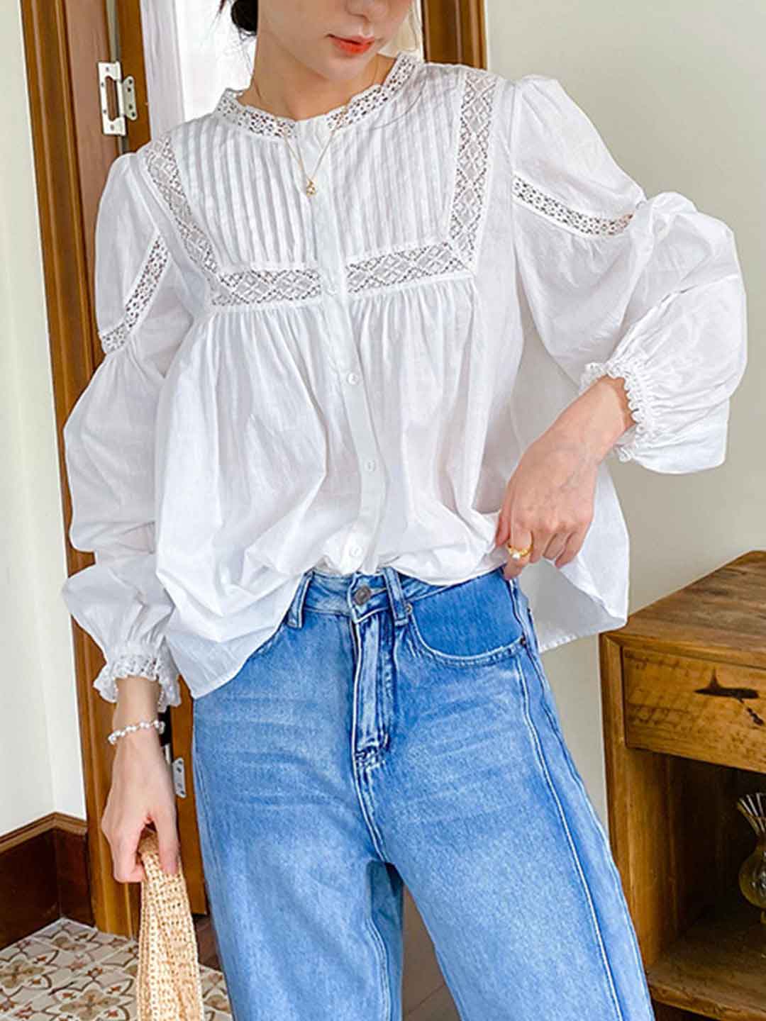 Layla Vintage Crew Neck Balloon Sleeve Hollowed Top