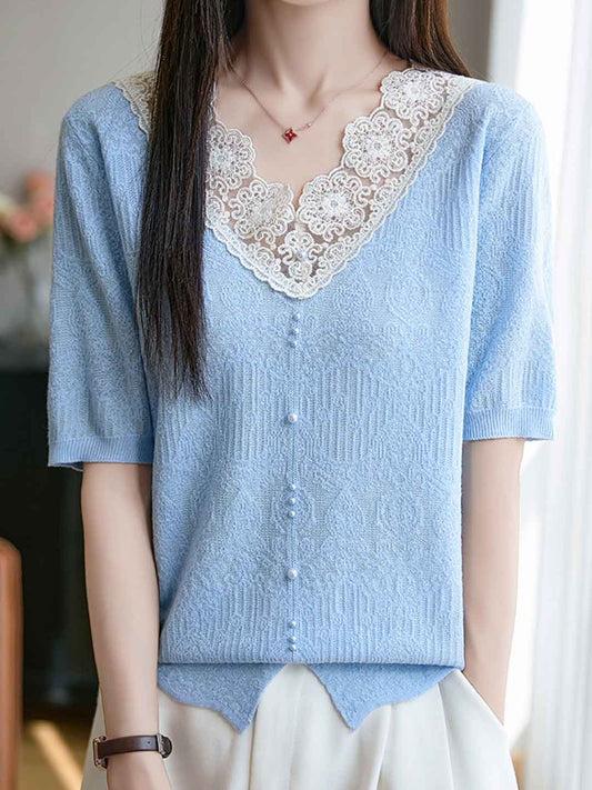 Rachel Casual V-Neck Jacquard Hollowed Knitted Top