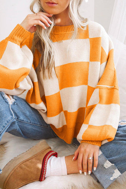 Jersey de punto oversize con cuello redondo y cuadros para mujer | Ideal para otoño/invierno