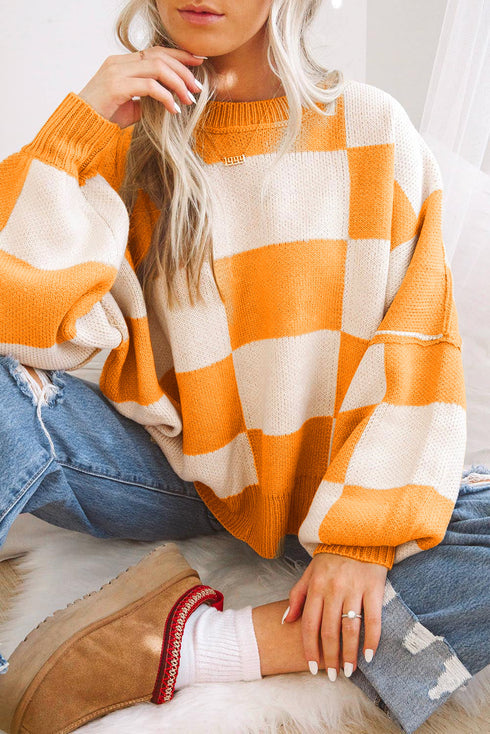 Jersey de punto oversize con cuello redondo y cuadros para mujer | Ideal para otoño/invierno
