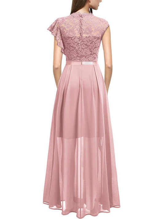 Lace Cutout Lace Patchwork Short-sleeved Long Dress