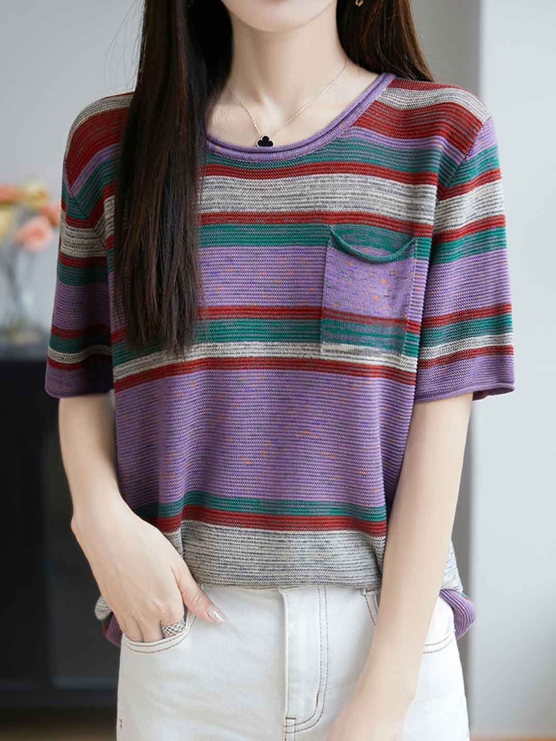 Sophie Retro Crew Neck Contrasted Striped Knitted Top