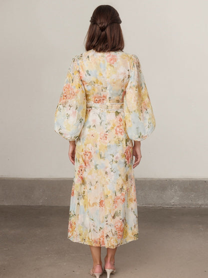 Floral Print Long-Sleeved Bodycon Slim Fit Long Dress