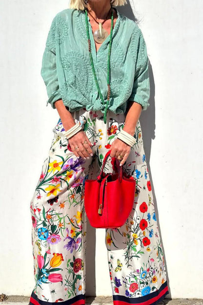 Conjunto de pantalones anchos con bolsillos y cintura elástica con estampado floral único