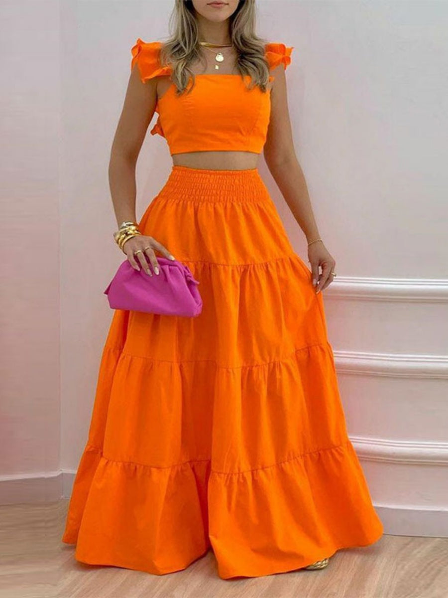 Solid Color Ruffled Trim Two-piece Suspender Skirt Set