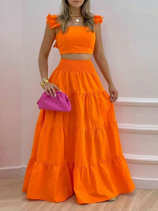 Solid Color Ruffled Trim Two-piece Suspender Skirt Set