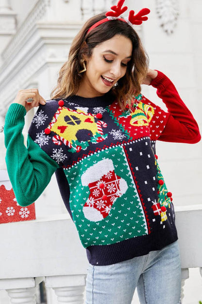 Suéter de punto con copos de nieve y árbol de Navidad 