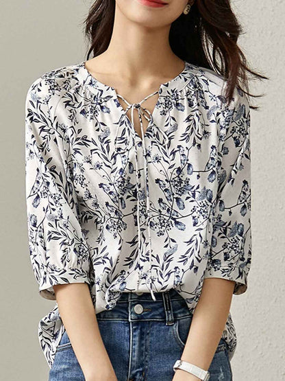 Natalie Loose V-Neck Printed Tie Top