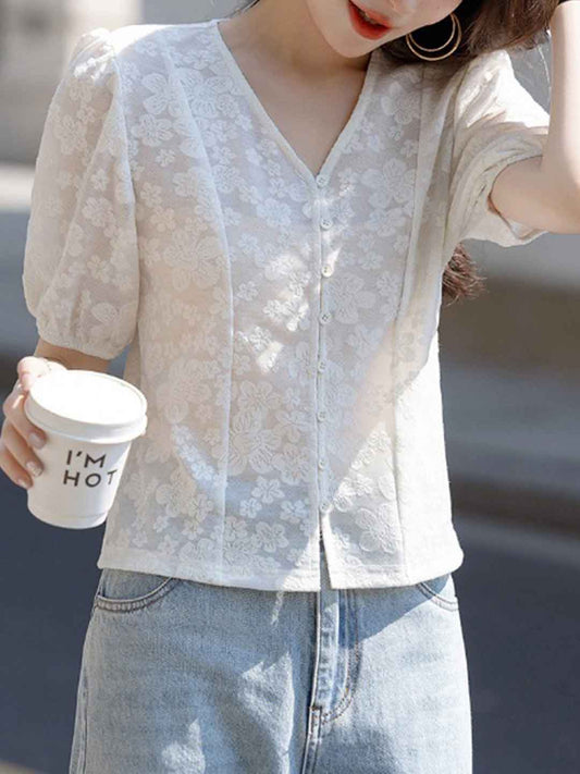 Kylie Elegant V-Neck Puff Sleeve Jacquard Cardigan