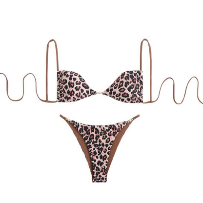 Leopard print self tie v neck cami bikini swimwear