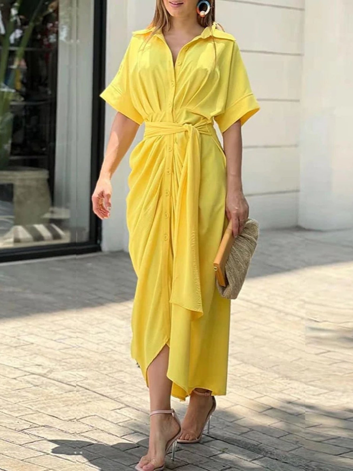 Lapel Shirt Dress Short-sleeved Single-breasted High-waisted Maxi Dresses