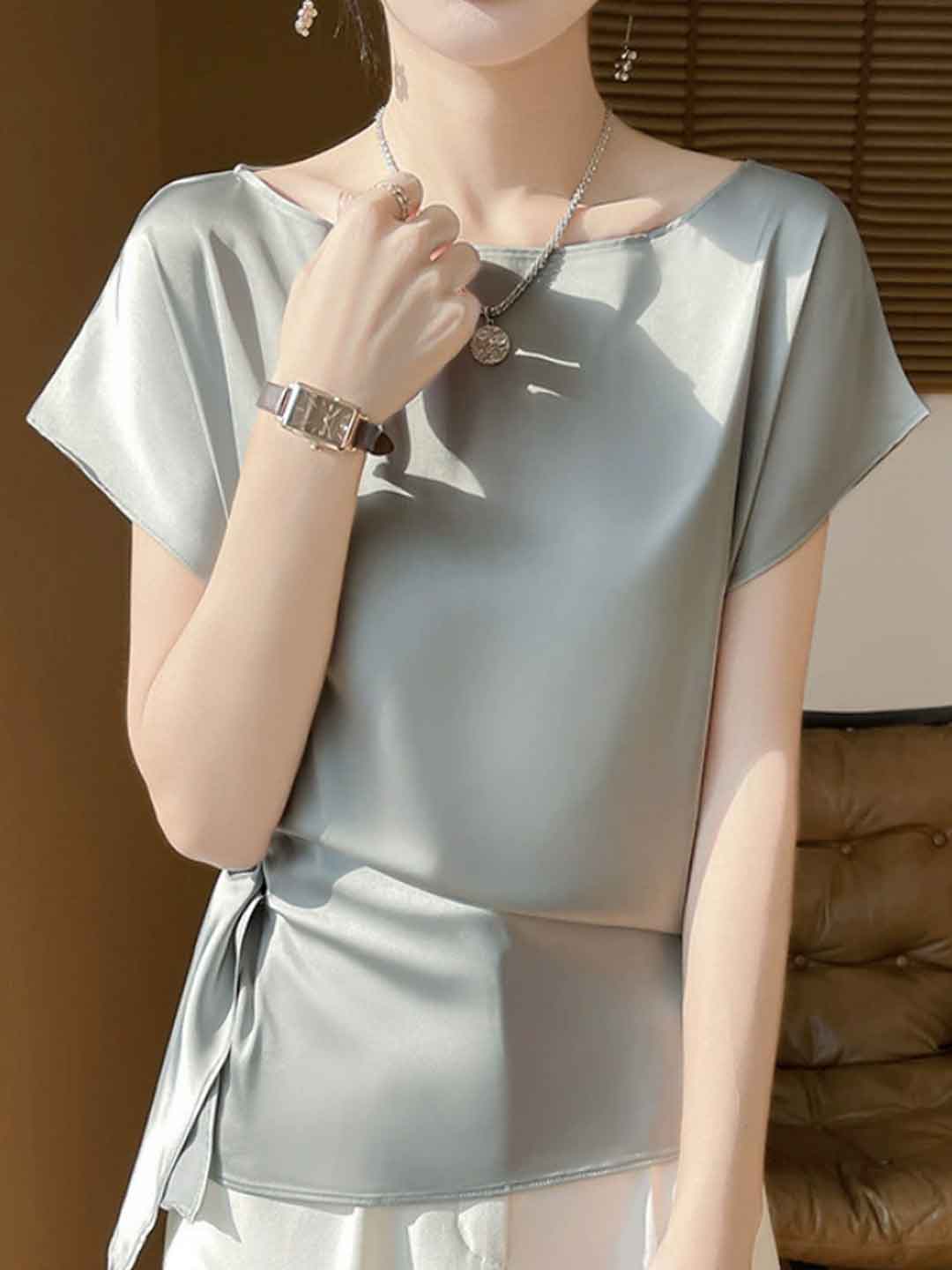 Madeline Loose Boat Neck Satin Solid Color Top