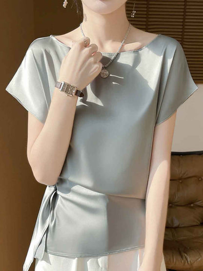 Madeline Loose Boat Neck Satin Solid Color Top