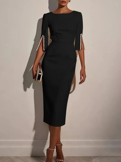 Pearl Zipper Solid Color Midi Dresses