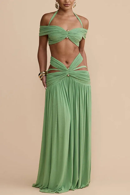 Green Off Shoulder Halter Ruched Two Piece Maxi Skirt Set Sexy Cut Out Resort Dress