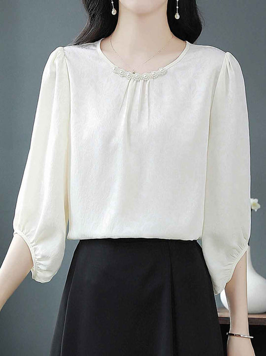 Rachel Elegant Crew Neck Beaded Satin Shirt