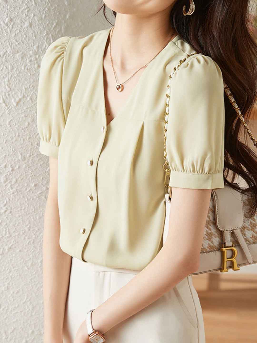 Zoey Classic V-Neck Puff Sleeve Chiffon Shirt
